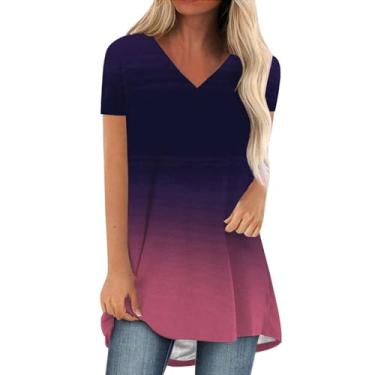 Imagem de Camisetas femininas de manga curta com estampa tie dye gradiente gola redonda casual verão ajuste solto camisetas longas básicas, Roxa, 3G