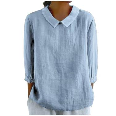 Imagem de Camisas de linho femininas de manga comprida com gola de lapela outono verão blusas soltas casuais cor sólida túnicas elegantes básicas, Azul-celeste, 3G