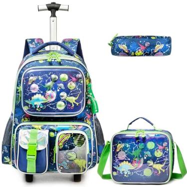Imagem de Egchescebo Mochila Escolar Infantil com Rodinhas para Menino e Crianças Rodas Bolsa Mala Carrinho 17” 3PCS Lancheira Juvenil Estojo Costas Divertidamente Multifuncionais Dinossauro Verde