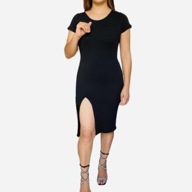 Imagem de Vestido Midi Justo Fenda Frontal Manga Curta Trabalho social - Vivi Ra