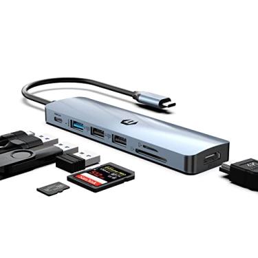 Imagem de Adaptador para monitor duplo hub USB C 7 em 1, base multiportas tipo C com 4K HDMI, USB 3.0/USB 2.0, leitor de cartão SD/TF de 100 W, adaptador USB C compatível com laptops MacBook Pro/Air, tipo C