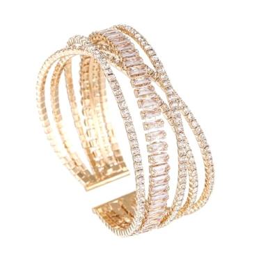 Imagem de Ecesha Pulseira feminina Sparkly com 6 fileiras de cristais de strass cruzados, multicamadas, bijuteria, fantasia, festa de casamento formal, Medium, ♚, Cristal
