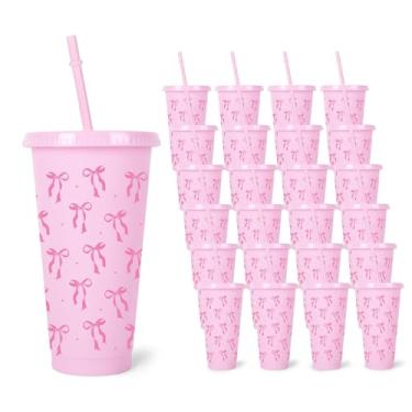 Imagem de JarThenaAMCS Copos de plástico rosa com laço rosa com canudo e tampa, copo de plástico rosa para bebidas frias, decoração de escritório em casa, lembrancinhas de festa