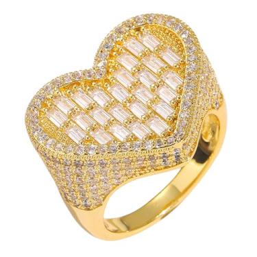 Imagem de Wisbal Anel de coração retangular de zircão de cristal quadrado T fileira vertical banhado a ouro 18 k hip hop masculino feminino anel de coração, 7, Latão, Zircônia cúbica