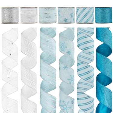 Imagem de HUIHUANG Fita azul para árvore de Natal, fitas de Natal com fio azul e prata para árvore de Natal, guirlanda, laços, decoração de casa, embrulho de presente (6 x 6 rolos, 30 m no total)