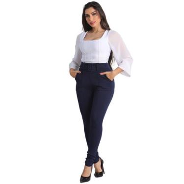 Imagem de Calça Feminina Crepe Calca Com Cinto Forrado Skinny Cintura Alta Socia