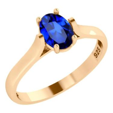 Imagem de Anel Solitário Oval Em Prata 925 Dourada 18k - Safira - Tudo Prata, Az