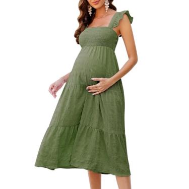 Imagem de KOJOOIN Vestido feminino de verão sem mangas com decote quadrado franzido casual boho midi vestido de chá de bebê sessão de fotos, Verde militar, XGG
