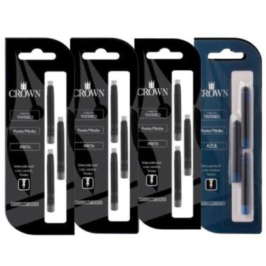Imagem de Kit 4 Recargas Para Caneta Crown Tinteiro Com 3 Refil Ca32005 Azul Pre