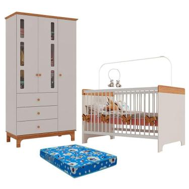 Imagem de Berço Mini Cama Pega Pega e Guarda Roupa Antonella 3 Portas Off White Caramelo com Colchão Ortobom - Canaã