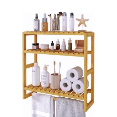 Imagem de Prateleira Flutuante Multifuncional de Bambu 50cm com 3 Andares, Ajuste de Altura e Porta Toalha (Natural)