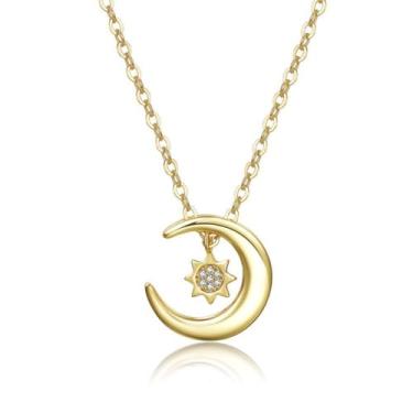 Imagem de CHAKRA HEALING REIKI CHR Colar feminino com pingente de sol e lua em ouro 18K com pingente de sol crescente radiante zircão joia para casal, colar de clavícula, Cobre, Zircônia cúbica