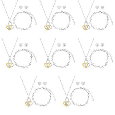 Imagem de Conjunto de joias para damas de honra de coração de amor para mulheres e meninas, conjunto de 1-4-6-8 conjuntos de 18 quilates e ouro rosa e prata cravejado com strass com colar de cristal conjunto de pulseiras presente para casamento/noivado/aniversário, Zinco Metal Vidro, Sem pedras preciosas
