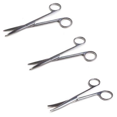 Imagem de Tesoura Cirurgica Inox 15cm Kit C/3 Pontas:2 Retas + 1 Curva