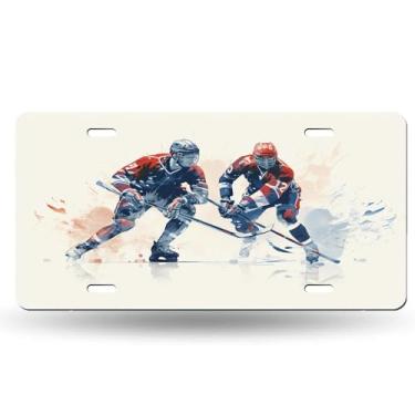 Imagem de Capa de placa de carro com imagem de gelo para jogadores competitivos de hóquei no inverno - etiqueta artística de alumínio para carro, à prova de ferrugem, design exclusivo - 15,5 x 30,5 cm