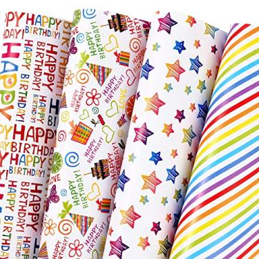 Imagem de PlandRichW Papel de Embrulho de Aniversário 12 Folhas Dobradas para Crianças, Meninos, Meninas, Adultos. Inclui Feliz Aniversário, Estrela, Arco-Íris, Bolo 4 Designs Coloridos para Chá de Bebê, Feriad