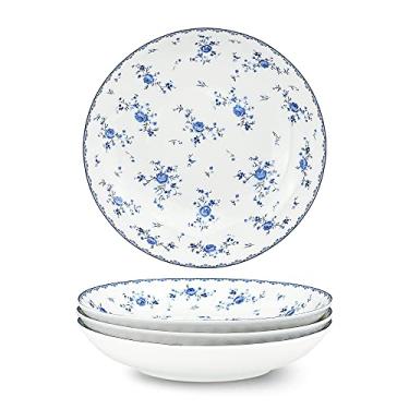 Imagem de fanquare Conjunto de 4 tigelas de salada de porcelana de 20 cm, conjunto de pratos florais redondos para sopa, macarrão, sobremesa, frutas