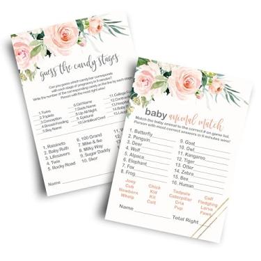 Imagem de Blush Greenery Jogo de Chá de Bebê Pacote para 25 convidados Conjunto Inclui Bebê Animal Matching Game e Doces Atividade Cartões Meninas Rústico Gracioso Floral (5 x 7 Tamanhos) Papel Festa Inteligente