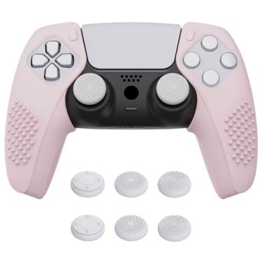 Imagem de PlayVital Capa de silicone macia ergonômica rosa com estampa de flores de cerejeira para PlayStation 5, protetor de borracha com 6 tampas de polegar para controle PS5 – Compatível com estação de carregamento