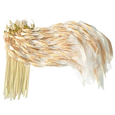 Imagem de Pacote com 50 hastes de renda de champanhe da Kingneve, para festas, com sinos, seda, varinha de fada, lembrancinhas de festa para casamentos, festas de despedida, chá de bebê, celebrações de Natal, Champagne Lace Ribbon Wands-50pcs