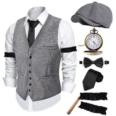 Imagem de ZeroShop Fantasia masculina de Halloween anos 20 Peaky Blinders Roaring 20s Gangster Mobster Outfit, Chapéu cinza claro, G