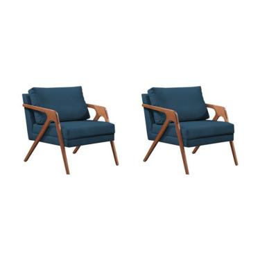 Imagem de Kit 2 Poltronas Decorativa Mona Luxo Veludo Azul Base Madeira Maciça