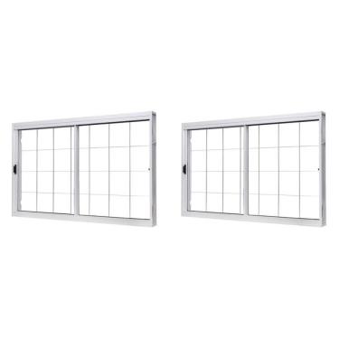 Imagem de Kit Com 2 Janelas De Aço De Correr Central 100x150cm 2 Folhas Com Grade Quadriculada E Vidro Liso Branco
