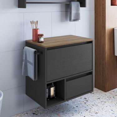 Imagem de Gabinete De Banheiro Suspenso 60cm Com 1 Nicho 1 Toalheiro 1 Porta E 1 Gaveta Mel/grafite