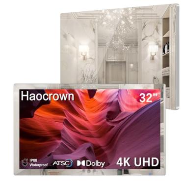 Imagem de Haocrown Tv Inteligente Para Banheiro 32" 4K Ultra Hd, À Prova D'Água Ip66, Com Espelho, Android 11, Google Assistente Integrado Controle Remoto Por Voz, Sintonizador Atsc (Moldura Prateada, Modelo