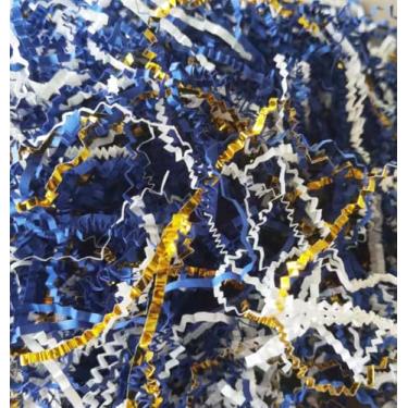 Imagem de Enchimento de papel cortado enrugado azul, branco e dourado para embrulho de presente e enchimento de cestas, caixa de presente de luxo, enchimento de cesta, recheio, embalagem, artesanato