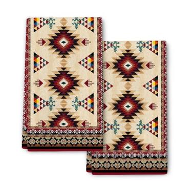 Imagem de Conjunto de 2 toalhas de cozinha ocidentais astecas boho, toalhas de prato decorativas nativas americanas do sudoeste, absorvente vermelho, vintage, pano de secagem à mão, presentes de inauguração de