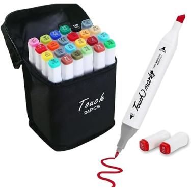 Imagem de Conjunto de Canetas Marcador Permanente Canetinhas para Colorir Touch com Ponta Dupla Desenhos Profissional e Escolar com Duas Pontas Hidrográficas com Estojo para Transporte Brashopmall® Colorir 24