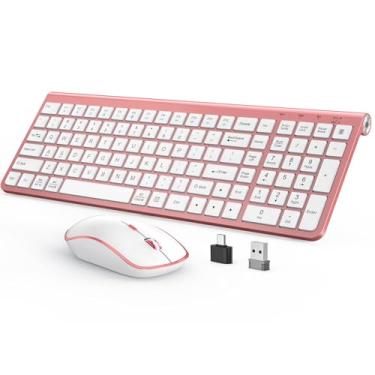 Imagem de JOYACCESS Teclado e mouse rosa sem fio, teclado de máquina de escrever sem fio, mouse de computador ergonômico e silencioso para desktop/PC/laptop/superfície/Smart TV e Windows 10/8/7