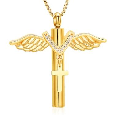 Imagem de Joias de cremação para cinzas – Colar de urna com cruz, joia memorial de asa de anjo para cinzas, mini urnas de lembrança, pingente para homens e mulheres, Diamante