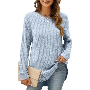 Imagem de Inverno Novo Gola Redonda Manga Comprida Escovado Solto T-shirt Tops Para As Mulheres, Light Blue, XL