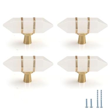 Imagem de Evionlin Pacote com 4 puxadores de cristal hexagonais brancos rachados em arame, vidro, latão, gaveta, puxador de armário, ferragens douradas para cômoda e cozinha