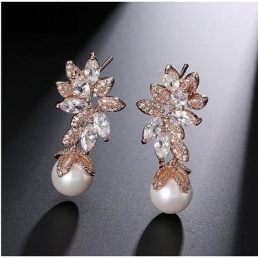 Imagem de Brinco Noiva Zirconia Perola Pendurado Dourado Rosê Festa