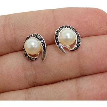 Imagem de Brinco Pedra Hematita E Pérola Folheado A Prata Festa Preto