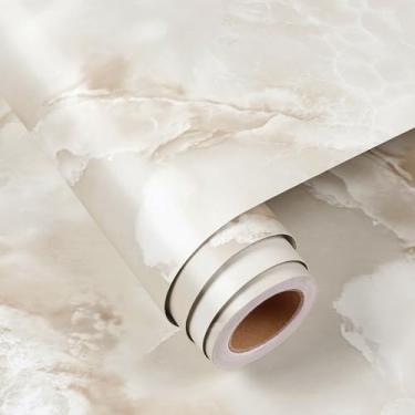 Imagem de FunStick Papel de parede de mármore marrom claro de 30,5 x 508 cm para bancadas de bancada e papel de parede de cozinha