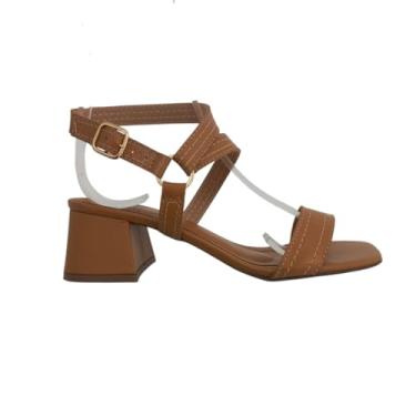 Imagem de QR Shoes, Sandália Feminina Salto Médio Grosso Tiras Couro Legítimo Cor:Caramelo;Tamanho:36