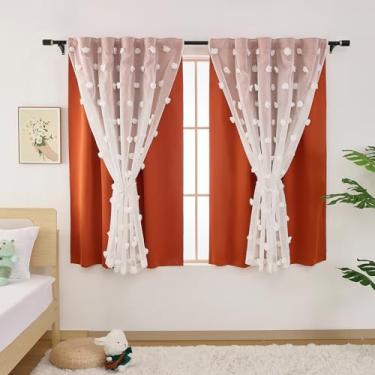 Imagem de Cortinas laranja queimada 160 cm de comprimento, conjunto de 2 painéis para quarto, cortina de camada dupla com pompom branco transparente para sala de estar, aba traseira plissada com bolso para