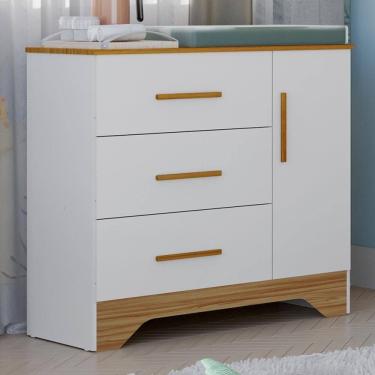 Imagem de Cômoda Infantil Popy Retrô Plus 1 Porta E 3 Gavetas Branco Brilho/amêndoa - Móveis Peroba
