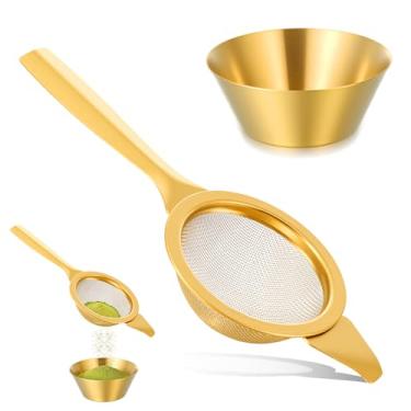 Imagem de Coador de Matcha Dourado de 5,6 cm, Peneira Matcha de Malha Fina 30 com Alça e Base, Coador de Chá de Aço Inoxidável Malha Fina, Pequenos Coadores de Metal Matchas para Coquetel Solto de Chá e Café