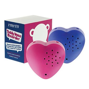 Imagem de Inventiv Pacote com 2, módulo de gravador de som de voz de 30 segundos para brinquedo de pelúcia, urso de pelúcia com coração gravável, gravação de mensagens personalizadas (rosa/azul)