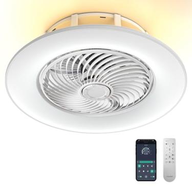 Imagem de PrimeMall Ventiladores de teto com luzes e controle remoto 55,88 cm com luz ambiente sem pás de perfil baixo ventilador de teto embutido embutido luz de ventilador de teto inteligente LED regulável