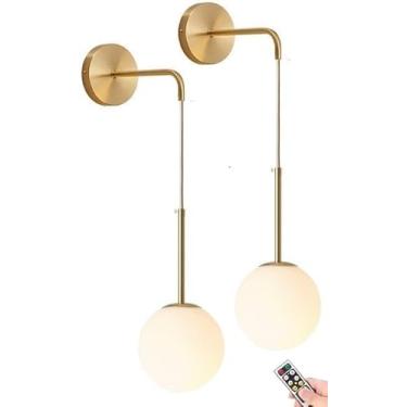 Imagem de Arandelas De Parede Operadas Por Bateria Conjunto De 2 Com Controle Remoto Interno Sem Fiação Pendurado Luminárias De Parede Moderno Globo Sombra De Vidro Lâmpada De Parede Dour, Gold