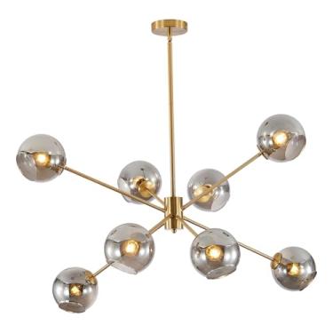 Imagem de BOKT Lustre Sputnik Globo Vintage Moderno Dourado Cinza Fumado Luminária de Vidro Grande 8 Luzes de Latão Escovado Meados do Século Luminária Pendente Cozinha Ilha Contemporânea Bola Pendurada