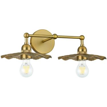 Imagem de TERLEENART Arandelas de parede de 2 luzes, luminária de parede com acabamento em latão antigo folha de lótus sombra de metal para espelho cozinha sala de estar corredor armário varanda