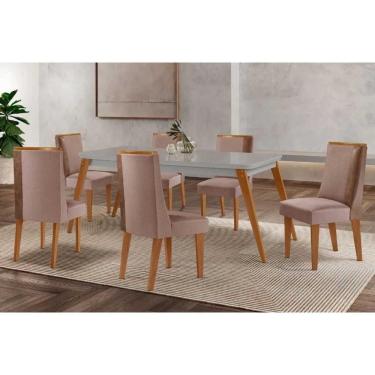 Imagem de Conjunto Sala de Jantar Havana c/ Tampo Madeirado c/ Vidro Canto Curvo 180x90cm e 6 Cadeiras Tilia Madeira Maciça Naturale/Off White - Capuccino/Linho