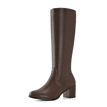 Imagem de Shoe'N Tale Botas de cano alto femininas de salto grosso com zíper lateral, Marrom PU, 39